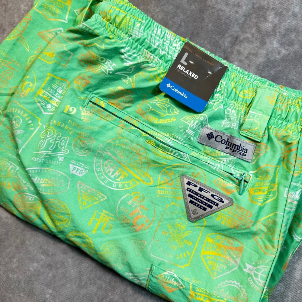 Columbia PFG Backcast III Fishing Shorts Mens Large Green Stamp Print XM4839 NWT